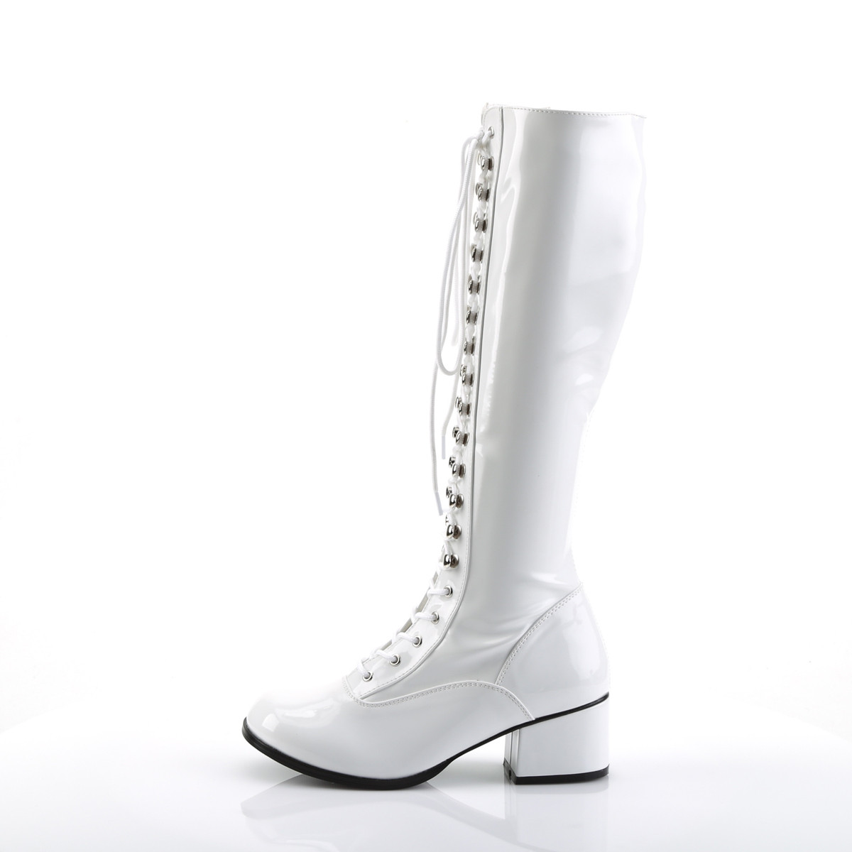 Funtasma Retro-302 W - Shiny White Chunky-Heel Knee High Single Sole Boots