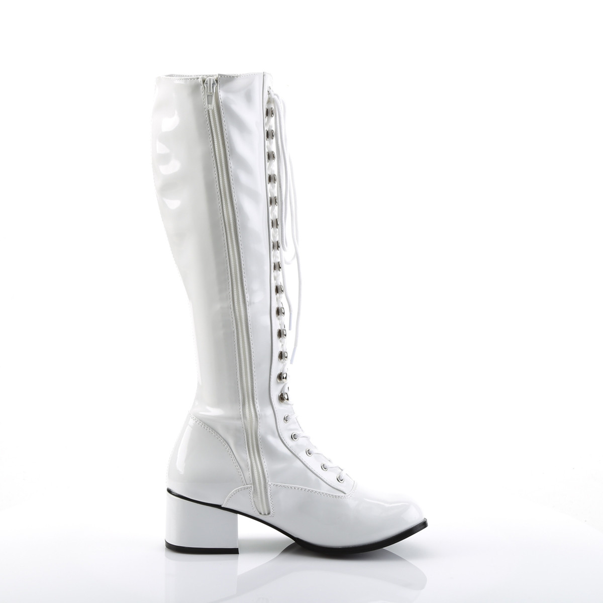 Funtasma Retro-302 W - Shiny White Chunky-Heel Knee High Single Sole Boots