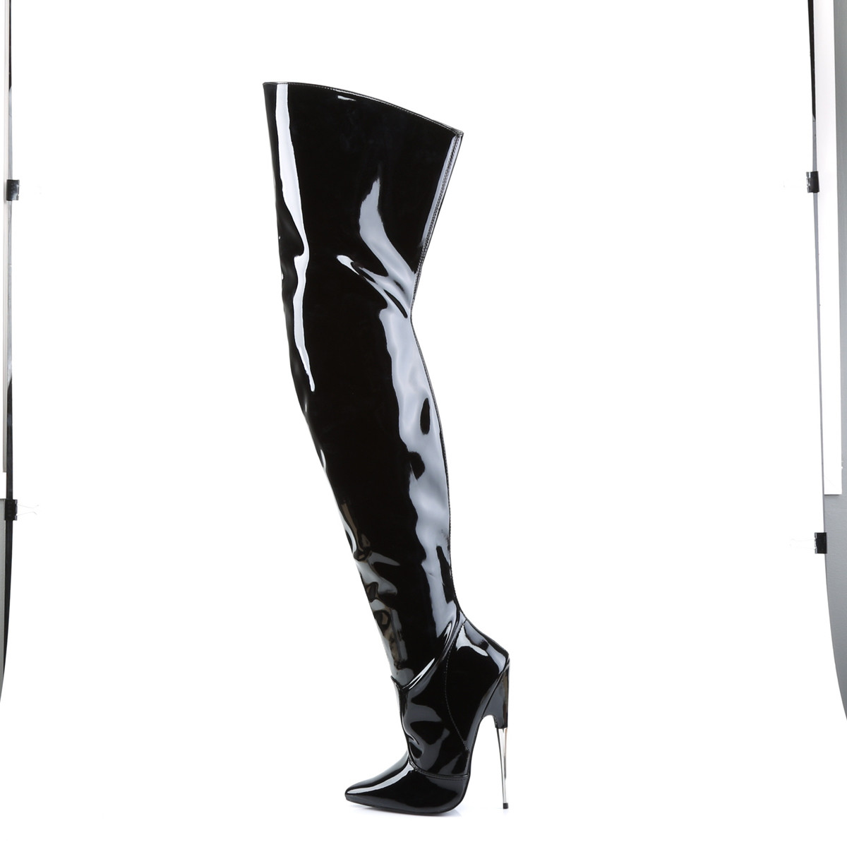 Devious Scream-3010 B - Shiny Black High-Heel Single Sole Thigh High Boots