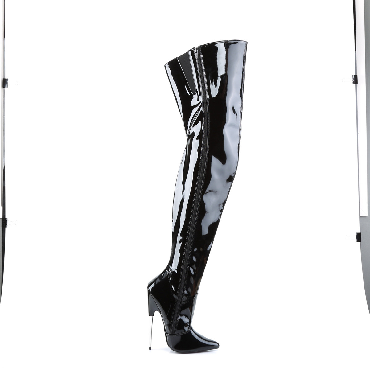 Devious Scream-3010 B - Shiny Black High-Heel Single Sole Thigh High Boots
