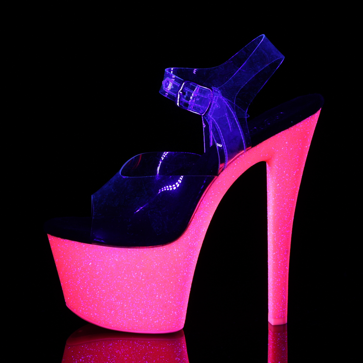 Pleaser Sky-308UVG C/NHPG - Clear Uv Reactive High-Platform Sandals