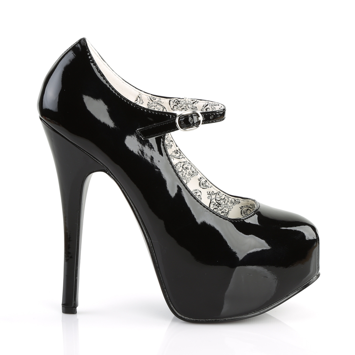 Bordello Teeze-07 B - Shiny Black Platform High-Heel Pumps With Straps