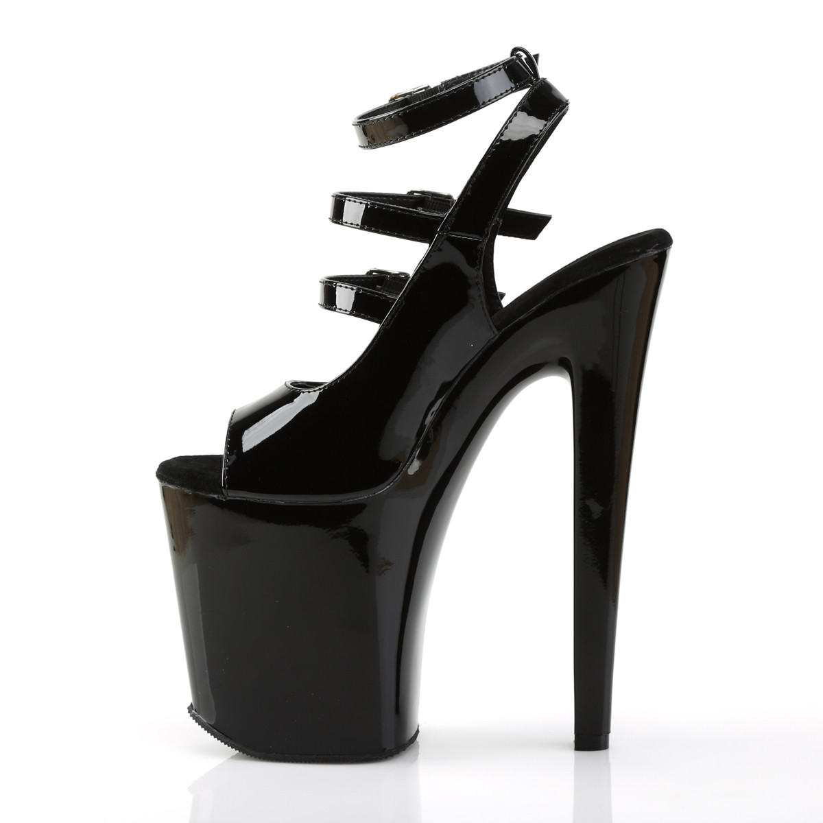 Pleaser Xtreme-873 B/M - Shiny Black High-Platform Ankle Strap Heels