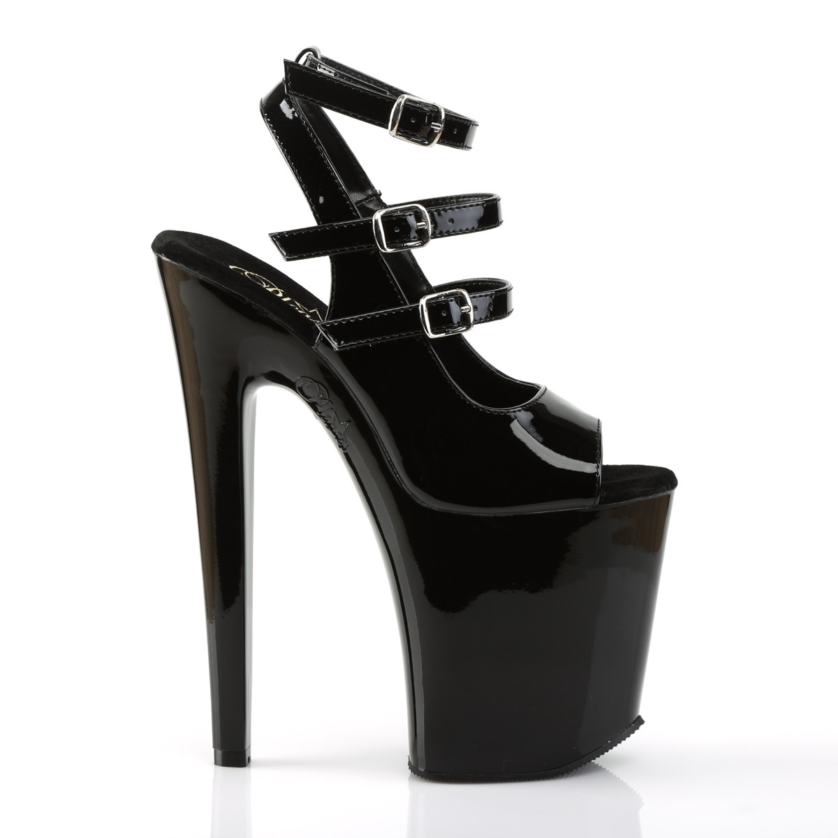Pleaser Xtreme-873 B/M - Shiny Black High-Platform Ankle Strap Heels